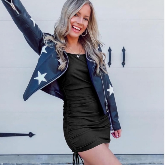 Black Drawstring Ruched Mini Dress - Picture 1 of 4